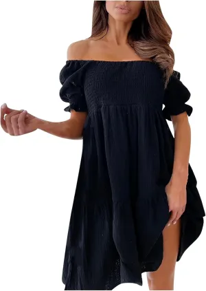NaRHbrg Women's Off Shoulder Mini Dress Smocked Flowy Short Sleeve Ruffle Hem Summer Casual Beach Party Sundress Lightweight