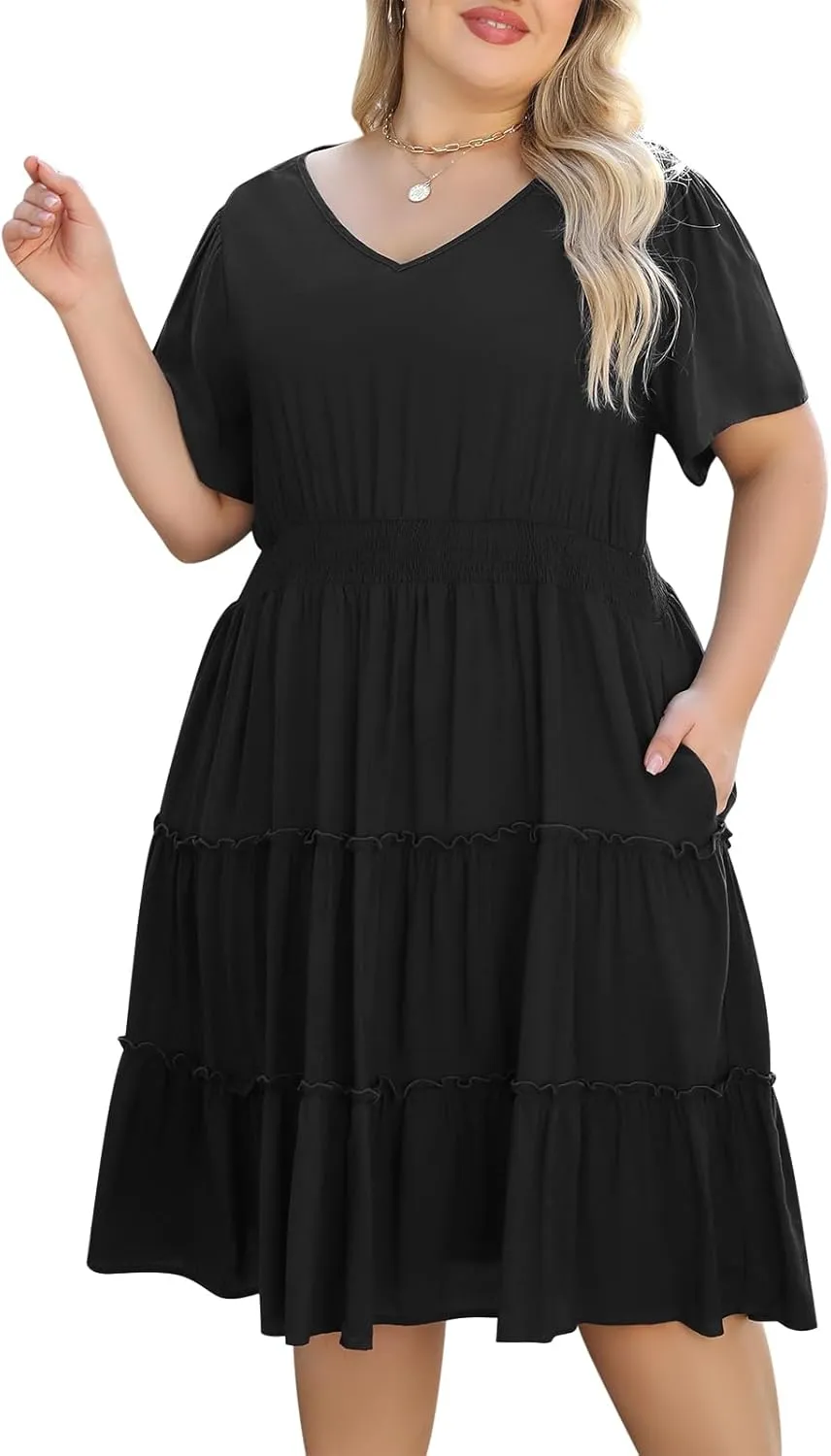 Nemidor Womens Plus Size Summer Midi Dress Casual Tiered Floral Print Beach Swing Boho Dresses with Pocket 16-26