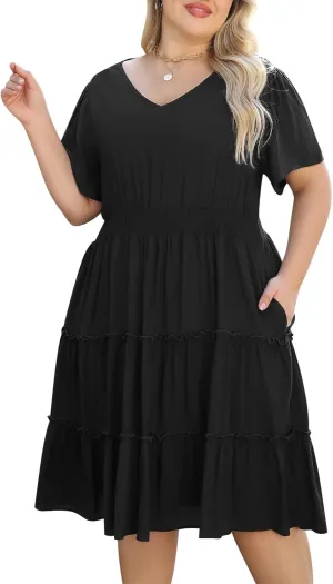 Nemidor Womens Plus Size Summer Midi Dress Casual Tiered Floral Print Beach Swing Boho Dresses with Pocket 16-26