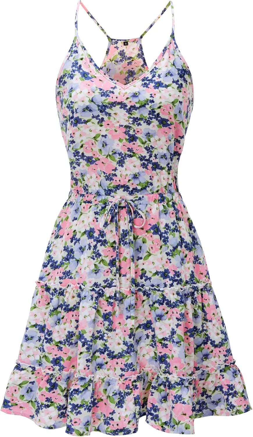Newshows Women's 2025 Summer Dress Spaghetti Strap Casual Boho Beach Vacation Outfits Drawstring Ruffle Hem Sundress Trendy