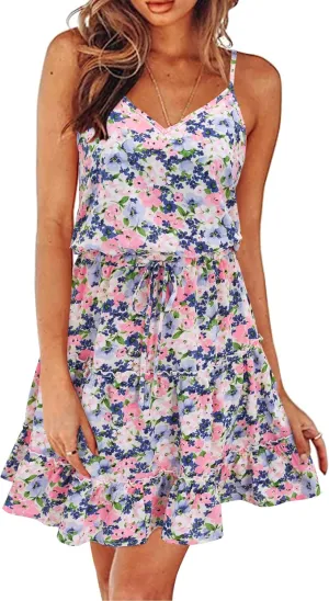 Newshows Women's 2025 Summer Dress Spaghetti Strap Casual Boho Beach Vacation Outfits Drawstring Ruffle Hem Sundress Trendy