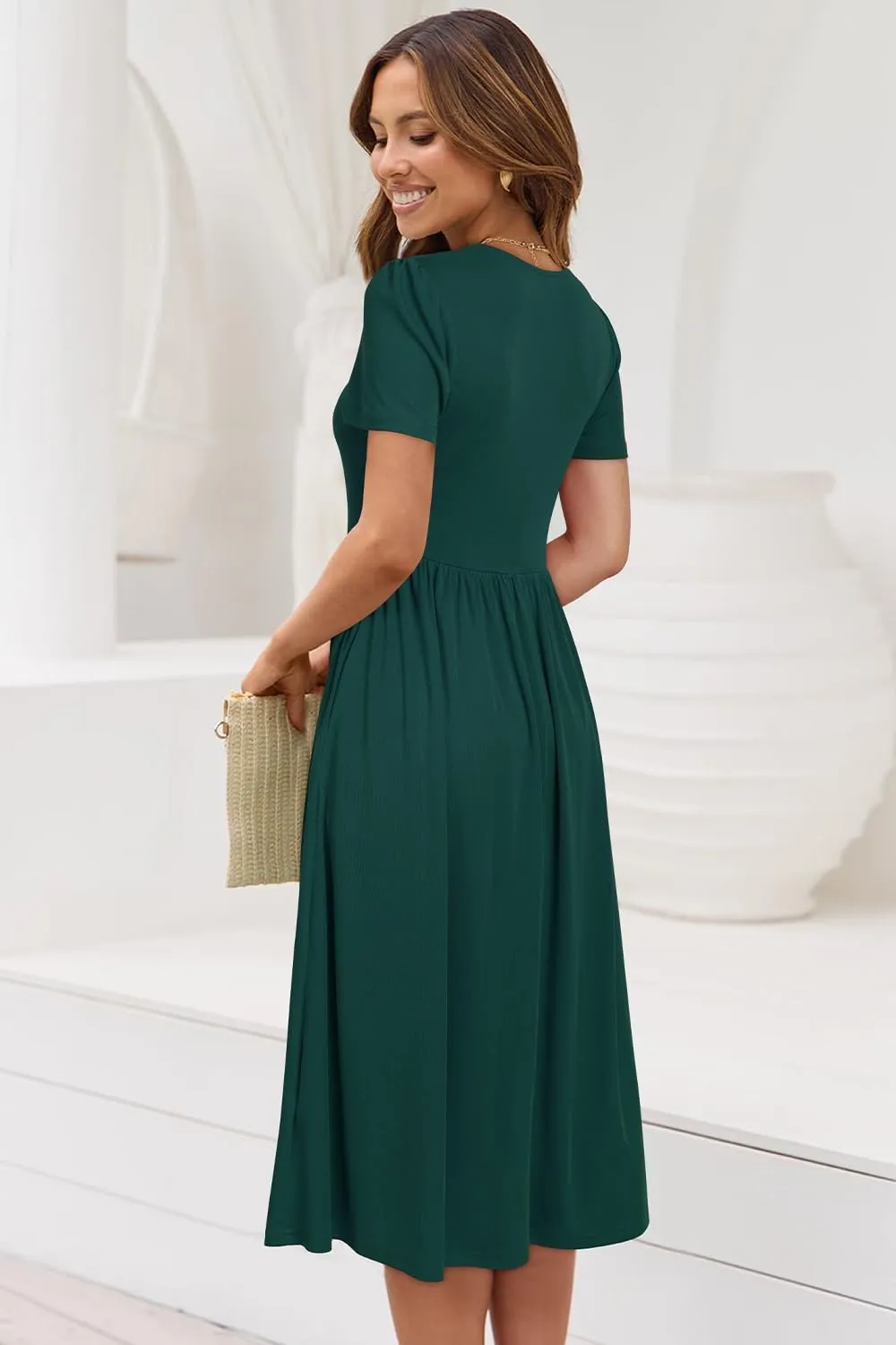 Newshows Women's Summer Square Neck Ribbed Knit Short/Long Sleeve A Line Flowy Midi Dress with Pockets