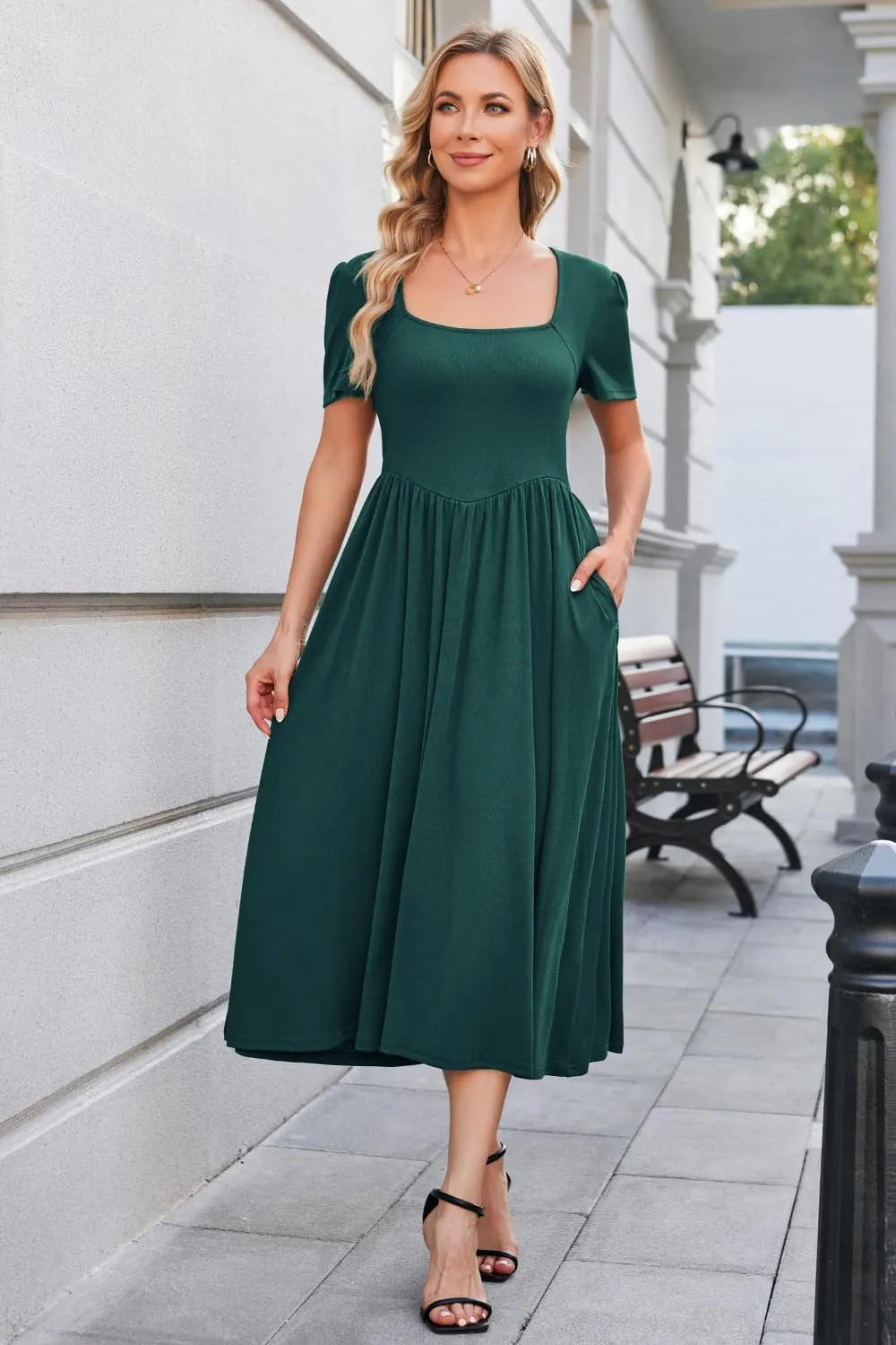 Newshows Women's Summer Square Neck Ribbed Knit Short/Long Sleeve A Line Flowy Midi Dress with Pockets