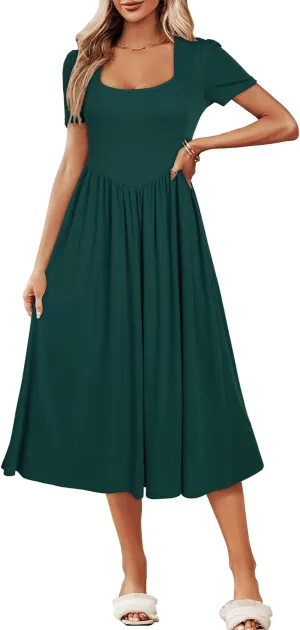 Newshows Women's Summer Square Neck Ribbed Knit Short/Long Sleeve A Line Flowy Midi Dress with Pockets