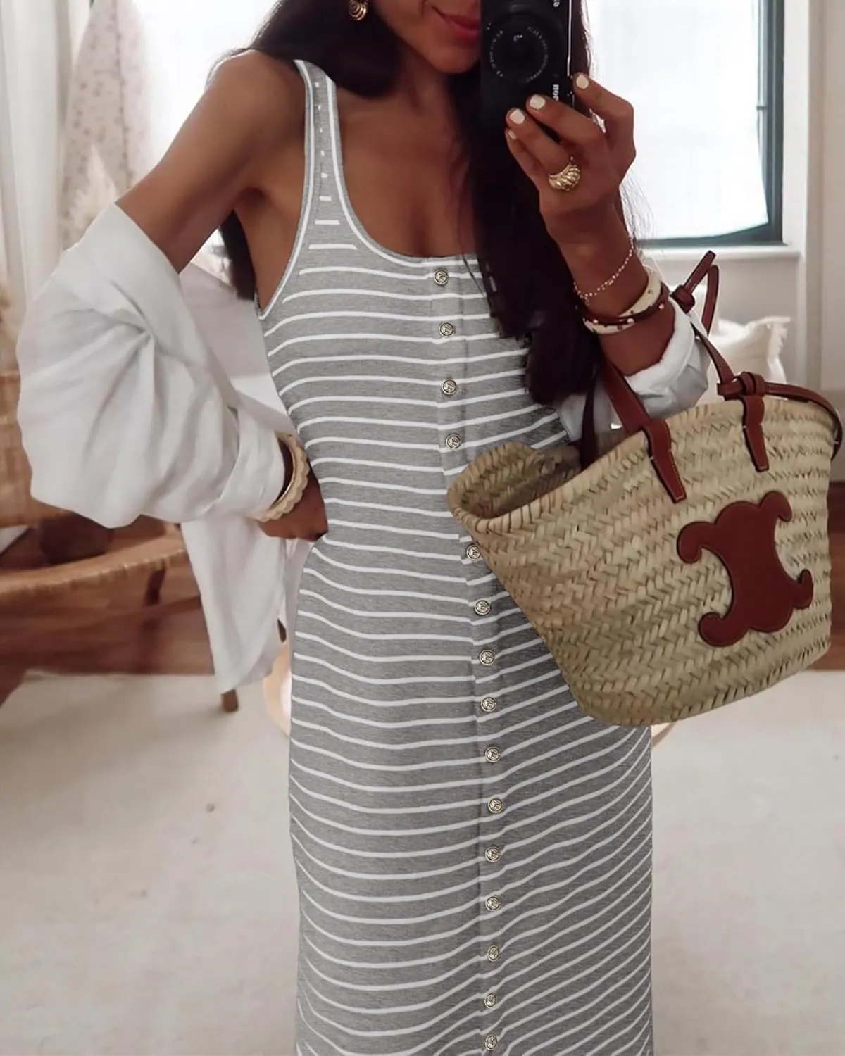 NOLLSOM Women Casual Sleeveless Striped Tank Midi Dresses Spring U Neck Bodycon Dresses T Shirt Summer Dress