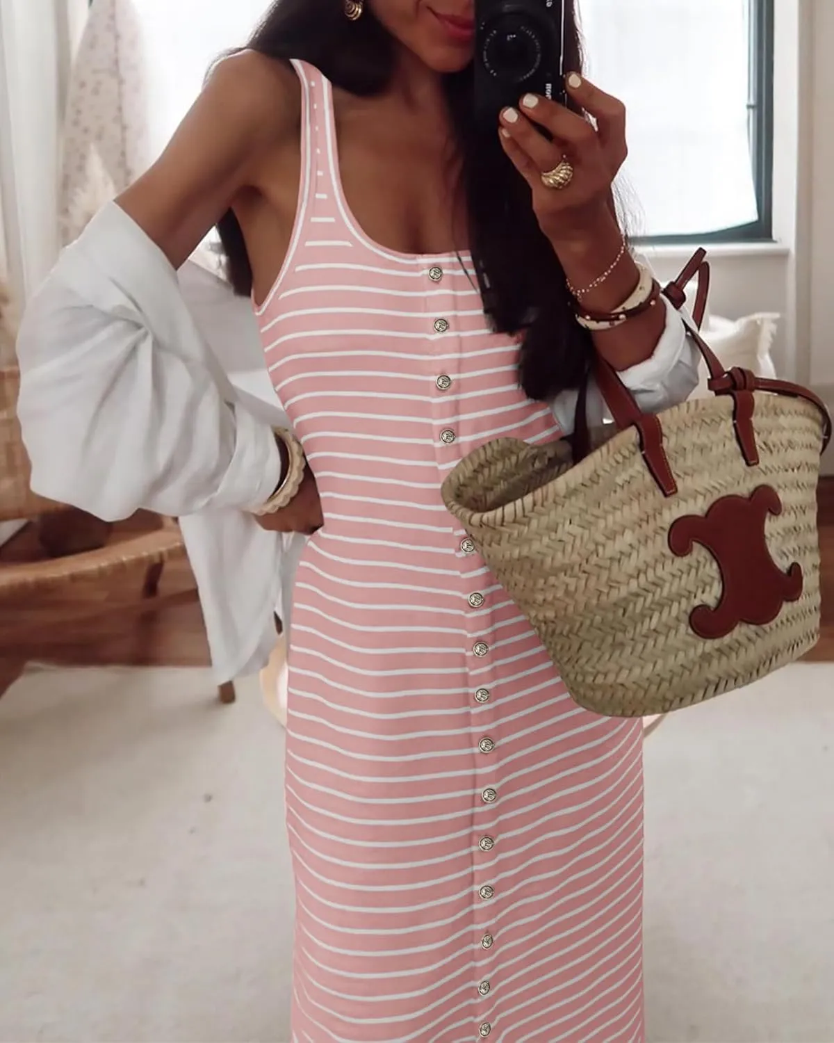 NOLLSOM Women Casual Sleeveless Striped Tank Midi Dresses Spring U Neck Bodycon Dresses T Shirt Summer Dress