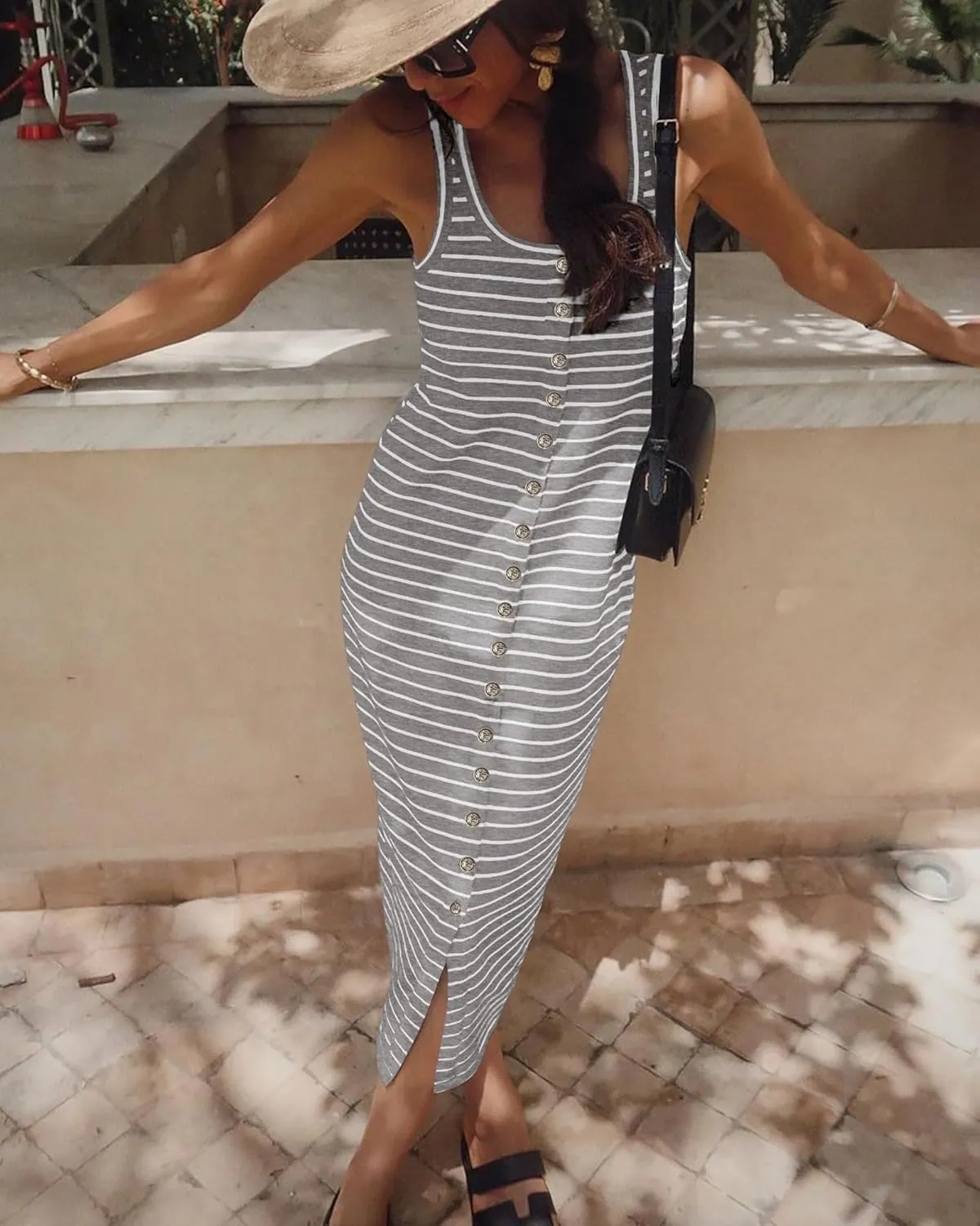 NOLLSOM Women Casual Sleeveless Striped Tank Midi Dresses Spring U Neck Bodycon Dresses T Shirt Summer Dress