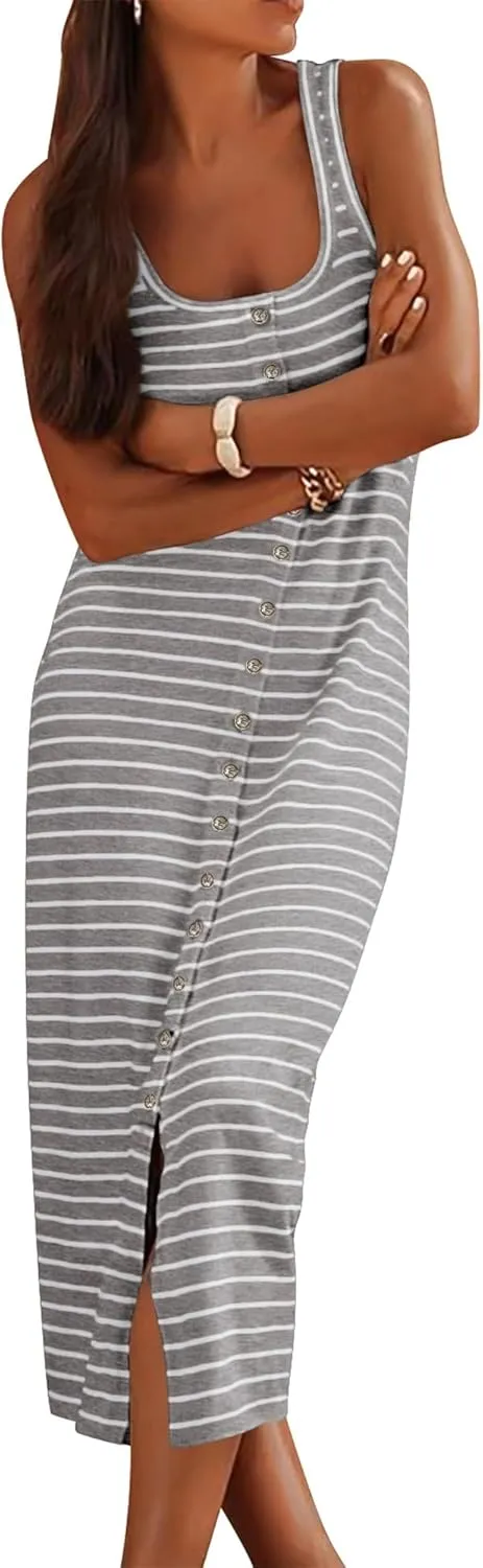 NOLLSOM Women Casual Sleeveless Striped Tank Midi Dresses Spring U Neck Bodycon Dresses T Shirt Summer Dress