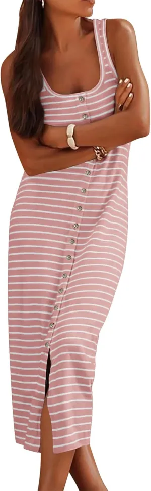 NOLLSOM Women Casual Sleeveless Striped Tank Midi Dresses Spring U Neck Bodycon Dresses T Shirt Summer Dress