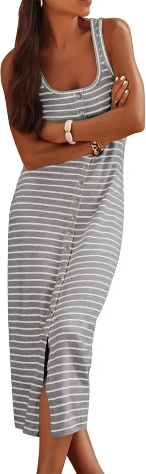 NOLLSOM Women Casual Sleeveless Striped Tank Midi Dresses Spring U Neck Bodycon Dresses T Shirt Summer Dress