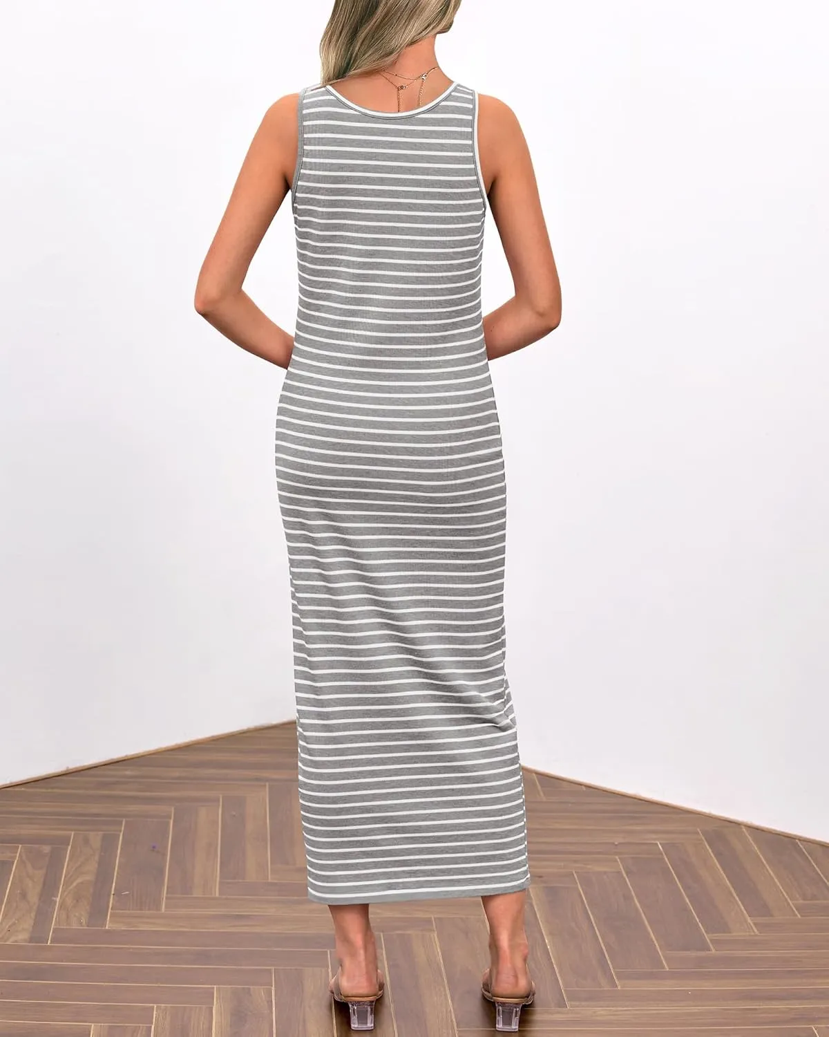NOLLSOM Women Casual Sleeveless Striped Tank Midi Dresses Spring U Neck Bodycon Dresses T Shirt Summer Dress