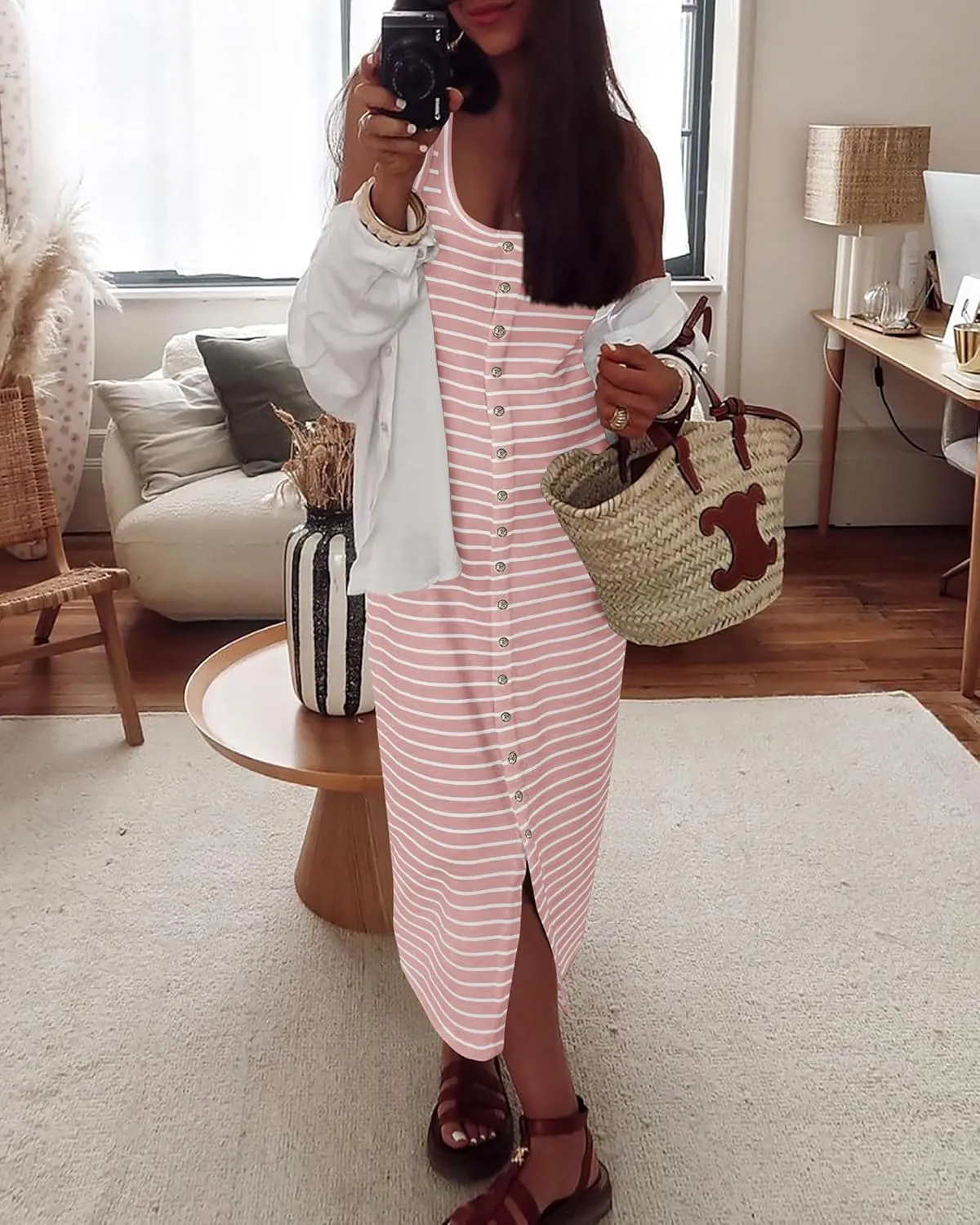 NOLLSOM Women Casual Sleeveless Striped Tank Midi Dresses Spring U Neck Bodycon Dresses T Shirt Summer Dress