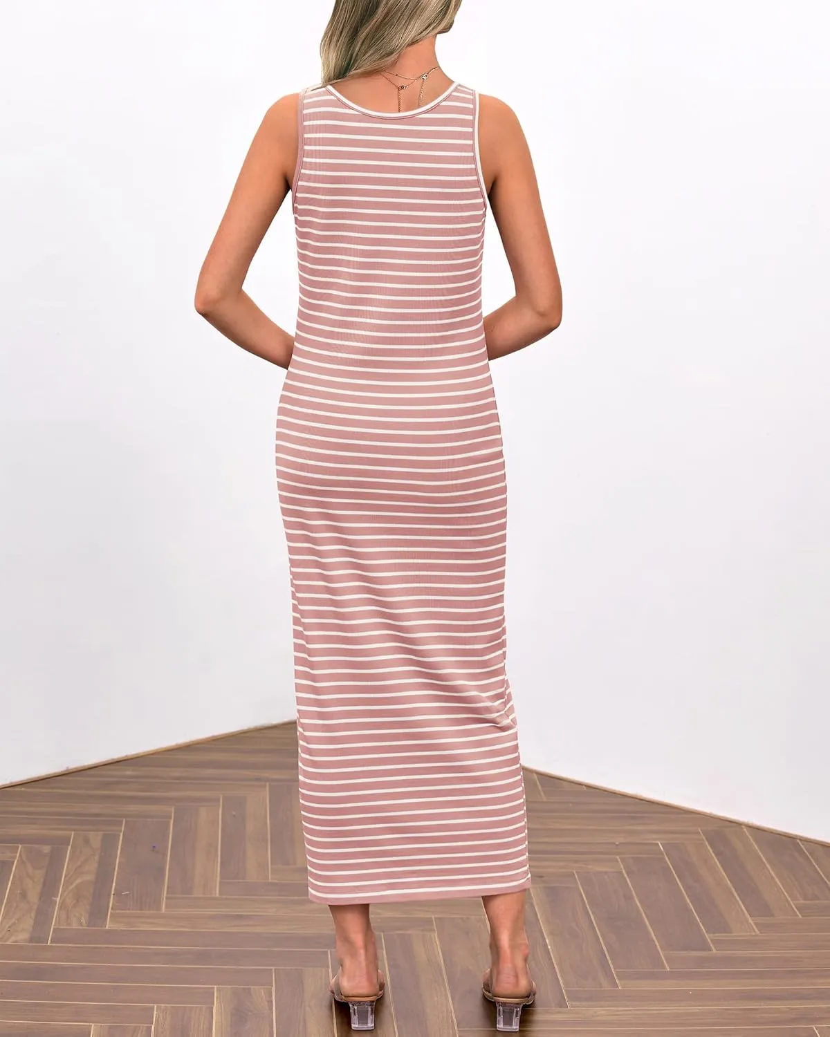 NOLLSOM Women Casual Sleeveless Striped Tank Midi Dresses Spring U Neck Bodycon Dresses T Shirt Summer Dress