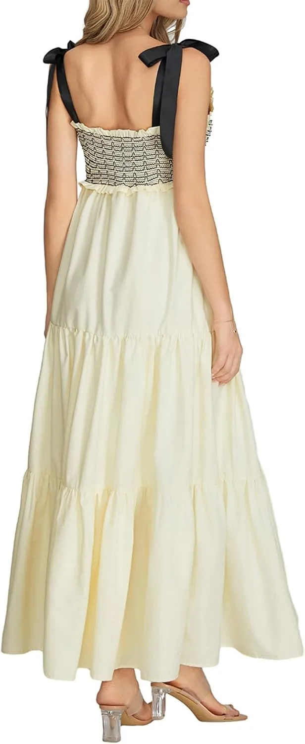 NUFIWI Boho Tie Shoulder Dress for Women Floral Patchwork Long Sundress Sleeveless Flowy Smocked Summer Bohemian Dresses
