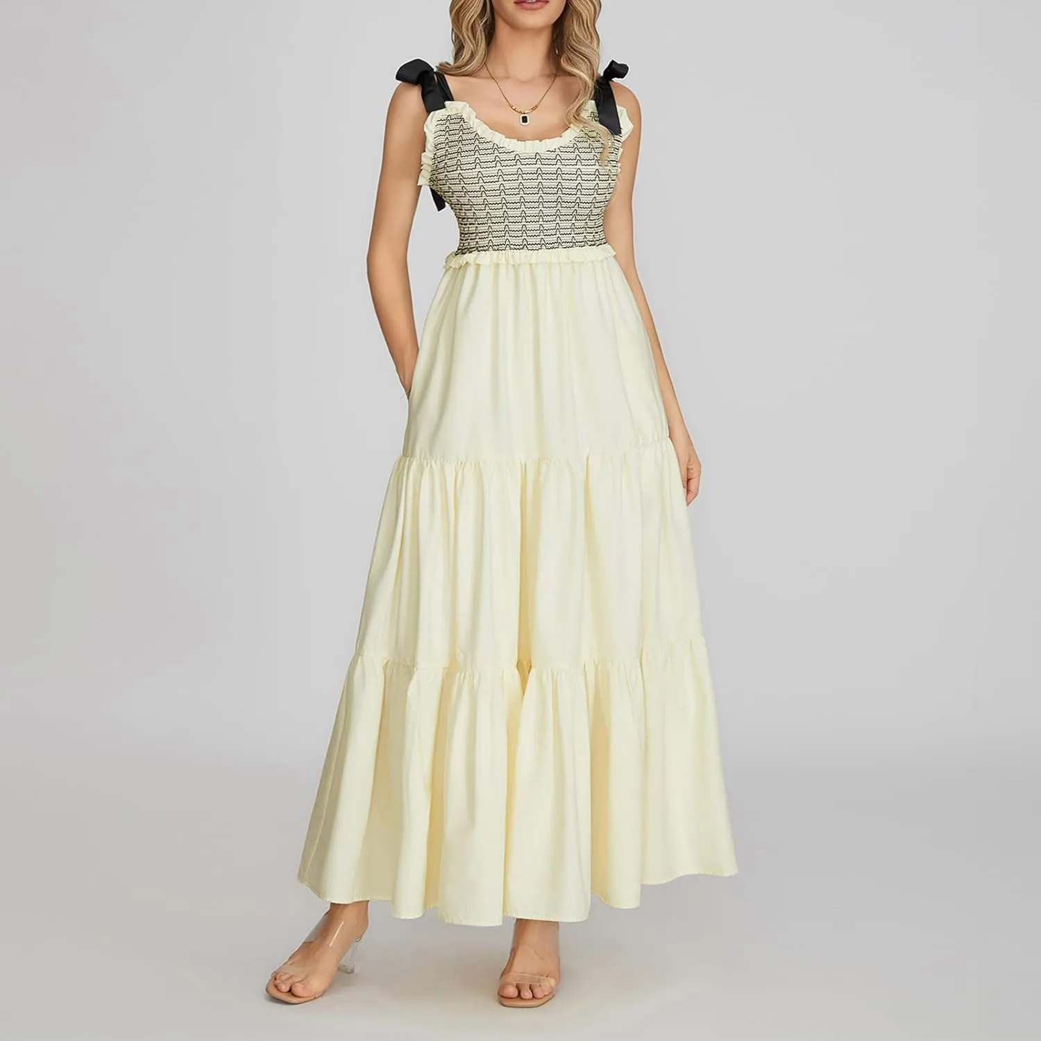 NUFIWI Boho Tie Shoulder Dress for Women Floral Patchwork Long Sundress Sleeveless Flowy Smocked Summer Bohemian Dresses