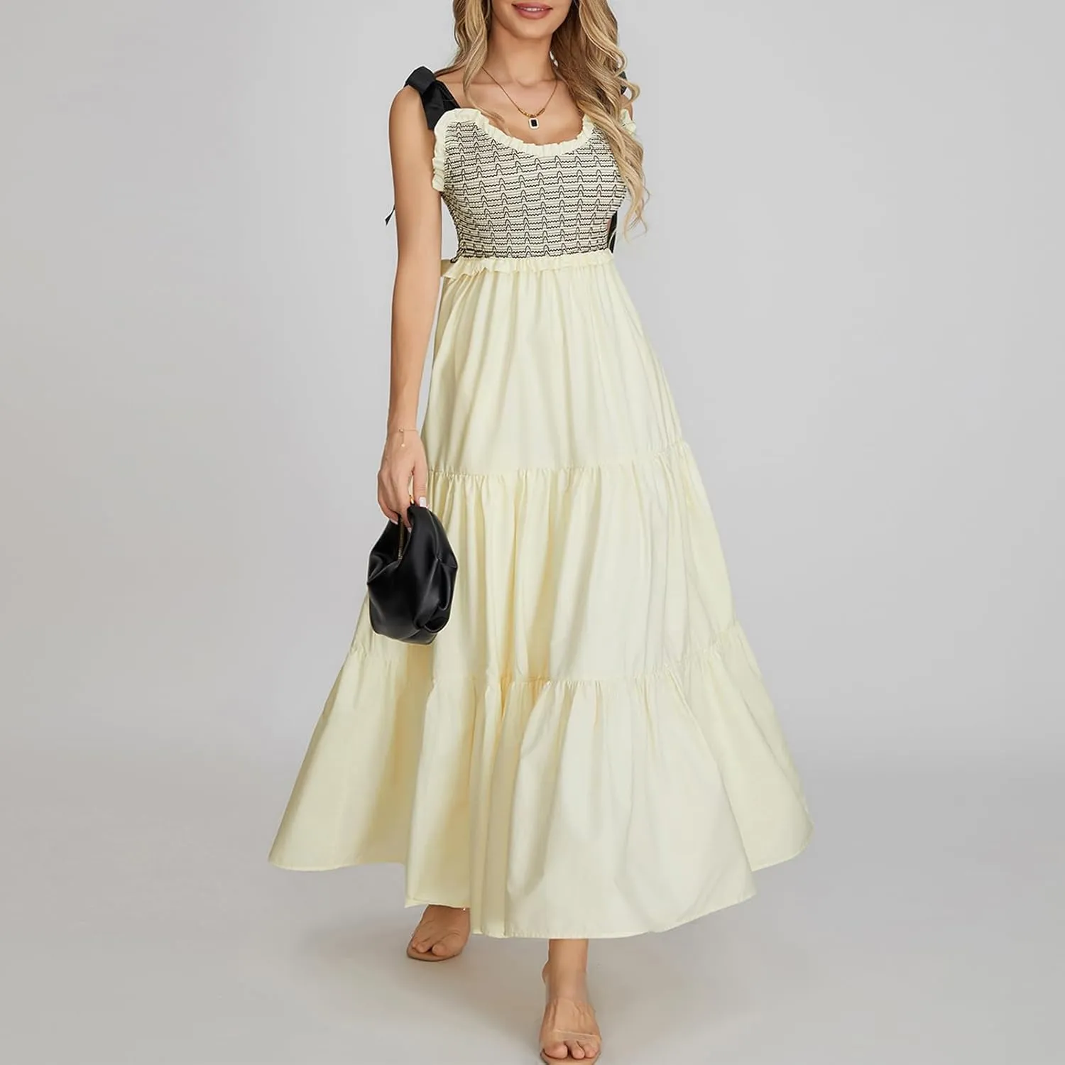 NUFIWI Boho Tie Shoulder Dress for Women Floral Patchwork Long Sundress Sleeveless Flowy Smocked Summer Bohemian Dresses