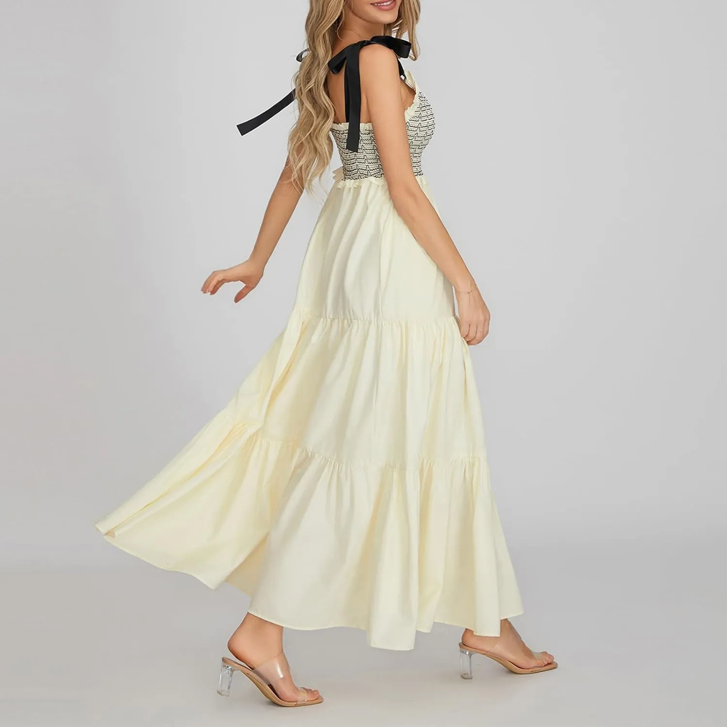 NUFIWI Boho Tie Shoulder Dress for Women Floral Patchwork Long Sundress Sleeveless Flowy Smocked Summer Bohemian Dresses