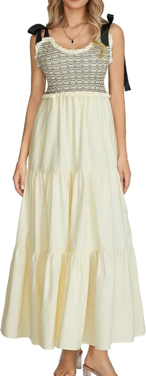 NUFIWI Boho Tie Shoulder Dress for Women Floral Patchwork Long Sundress Sleeveless Flowy Smocked Summer Bohemian Dresses