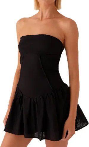NUFIWI Women Strapless Drop Waist Flare Hem Mini Dress Off Shoulder Ruffle Ruched Short Dress A Line Mini Bandeau Dresses