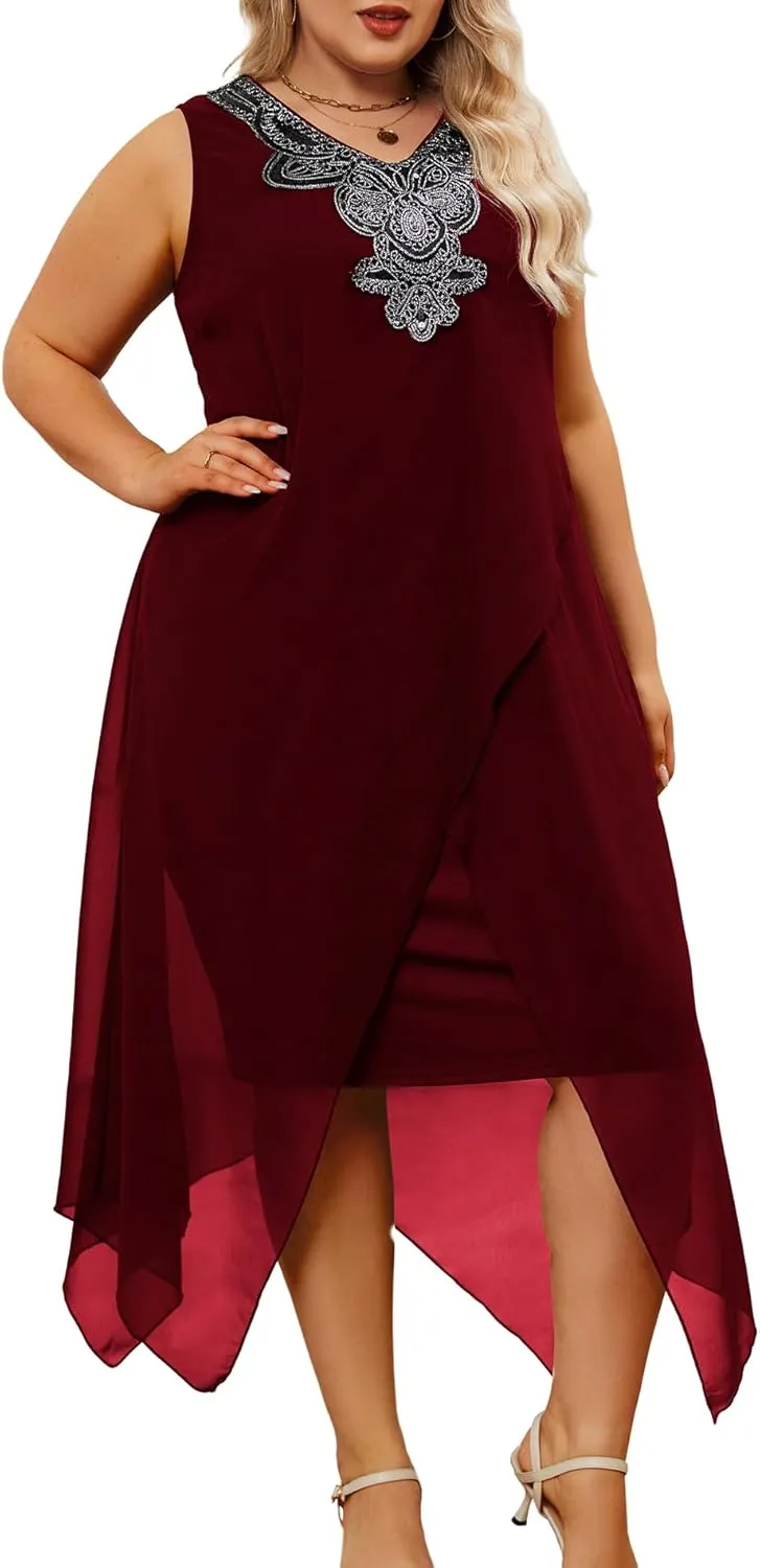 OCSTRADE Womens Plus Size Chiffon Dress Loose Sleeveless Flowy Cocktail Party Midi Dresses