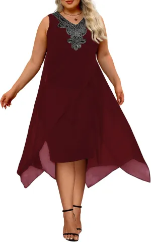 OCSTRADE Womens Plus Size Chiffon Dress Loose Sleeveless Flowy Cocktail Party Midi Dresses