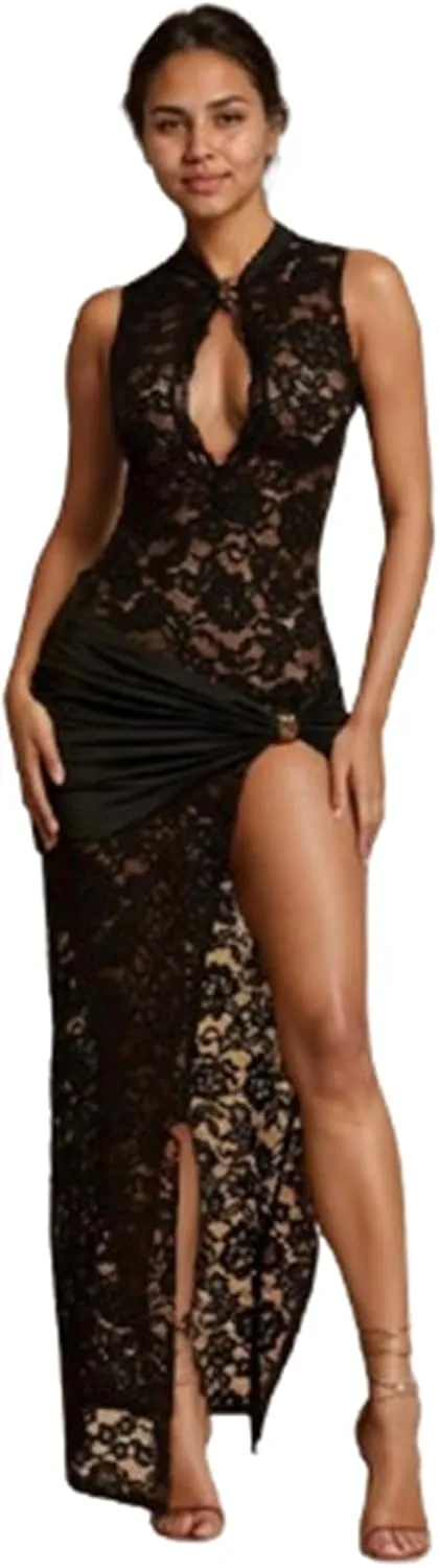 OCUH Black Lace Dress Sheer Maxi Dresses Sexy Outfit for Women Going Out High Slit Skirt Bodycon Vacation Party Wear