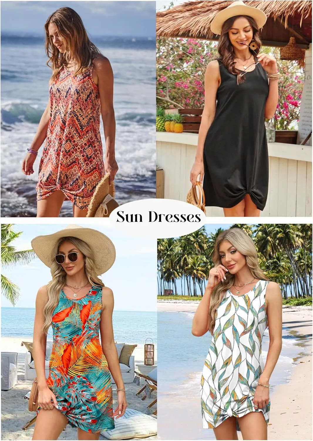 OFEEFAN Summer Dresses for Women Sleeveless Beach Vacation Traval Clothes Swimsuit Coverup with Pockets Floral/Plain