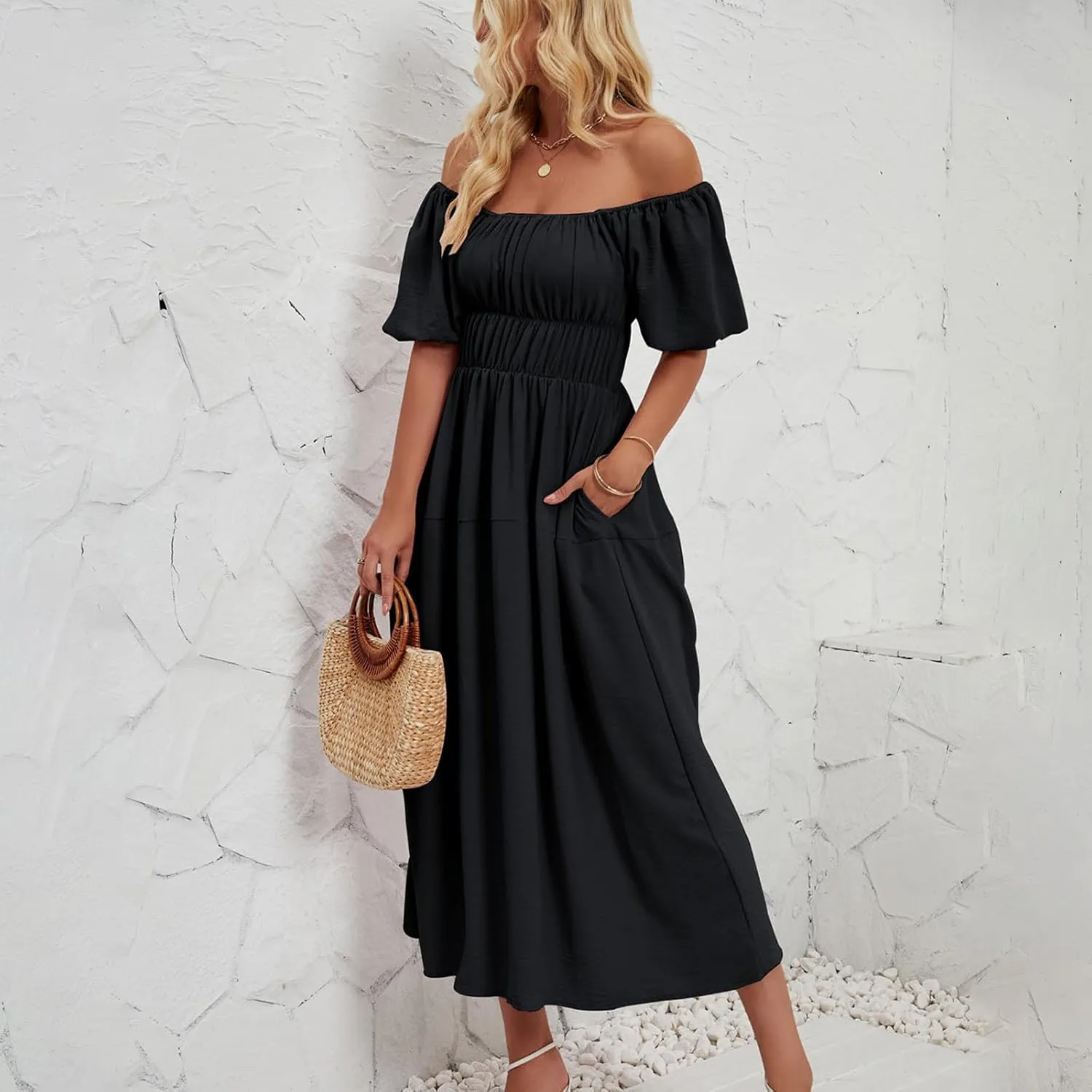 Off-Shoulder Dresses for Women Summer Puff Sleeve Empire Waist Casual A-Line Beach Sundress Flowy Hem Midi Dress