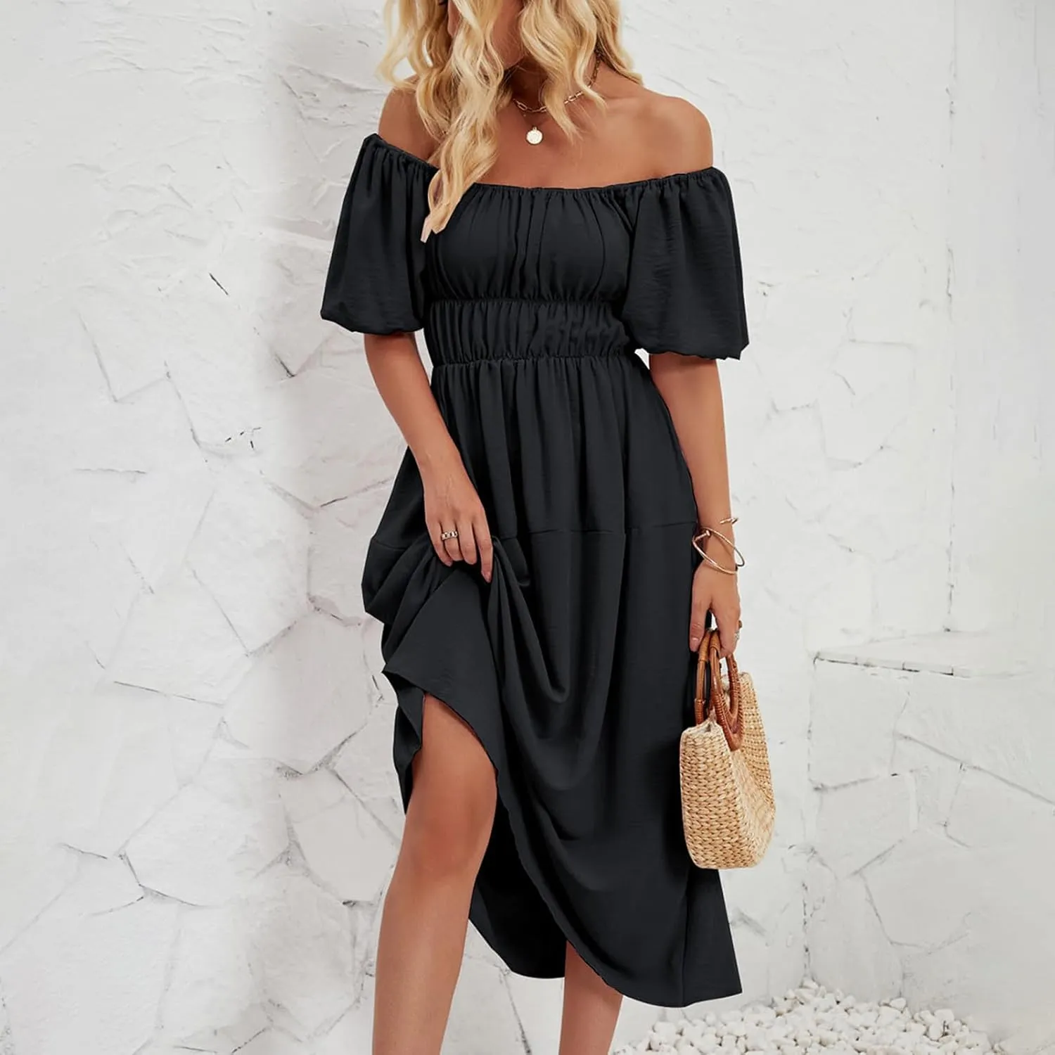 Off-Shoulder Dresses for Women Summer Puff Sleeve Empire Waist Casual A-Line Beach Sundress Flowy Hem Midi Dress
