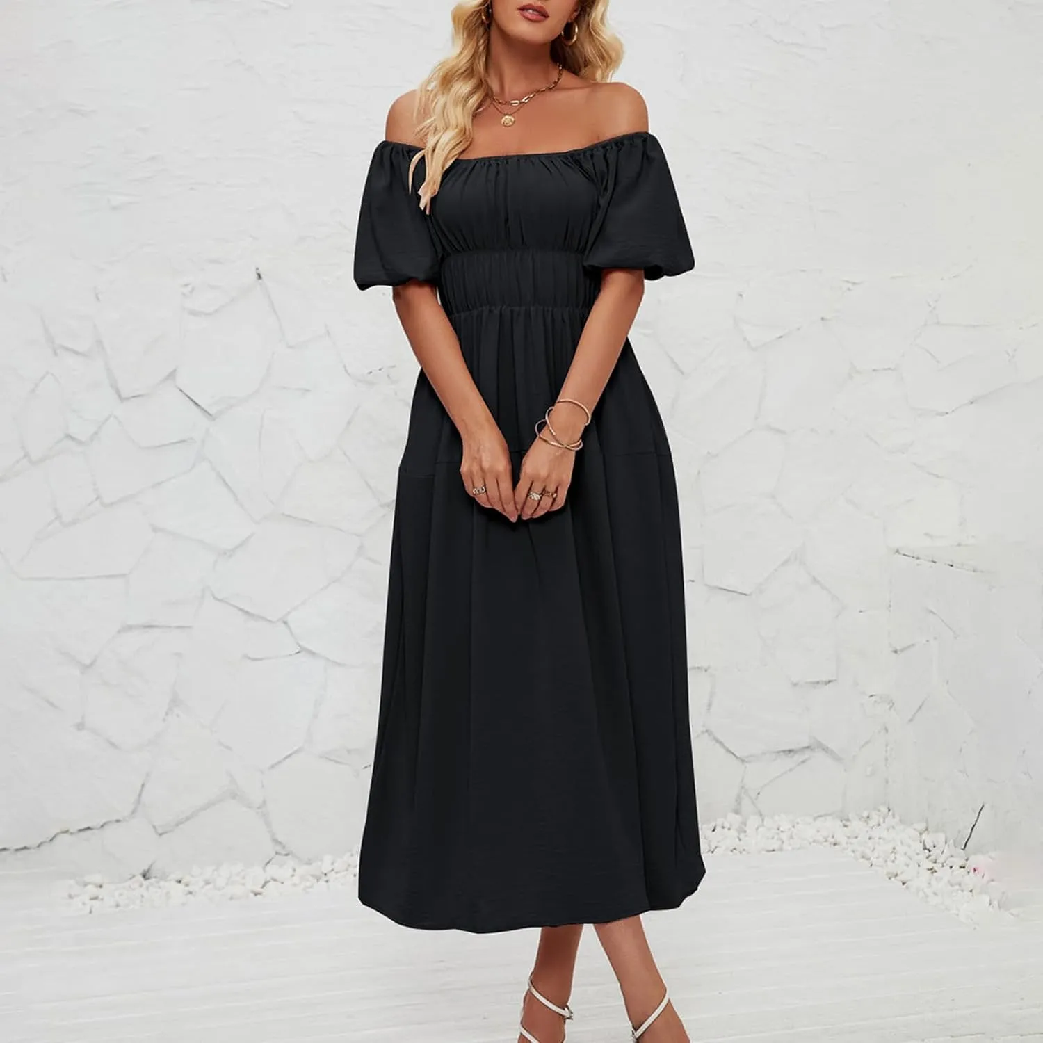 Off-Shoulder Dresses for Women Summer Puff Sleeve Empire Waist Casual A-Line Beach Sundress Flowy Hem Midi Dress