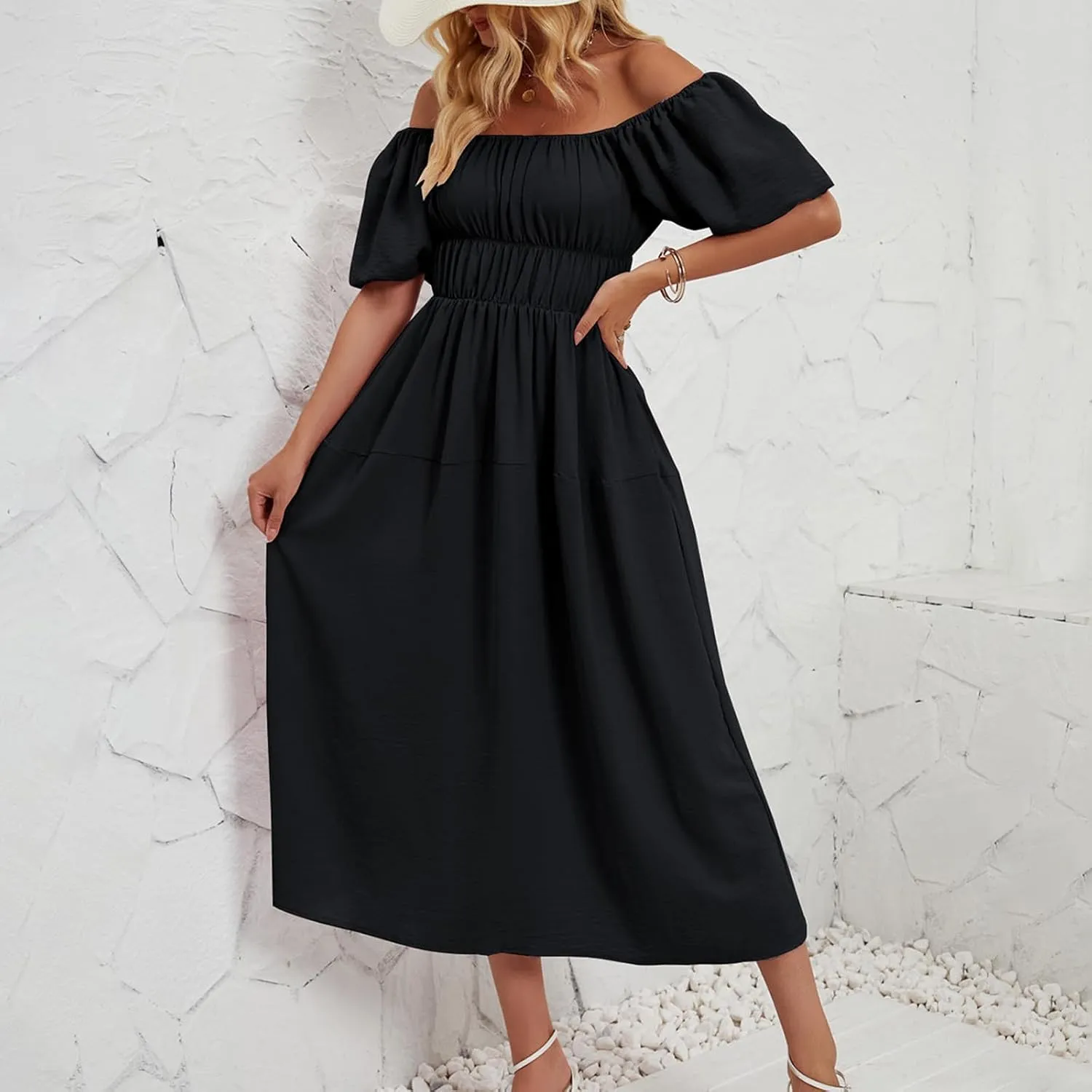 Off-Shoulder Dresses for Women Summer Puff Sleeve Empire Waist Casual A-Line Beach Sundress Flowy Hem Midi Dress