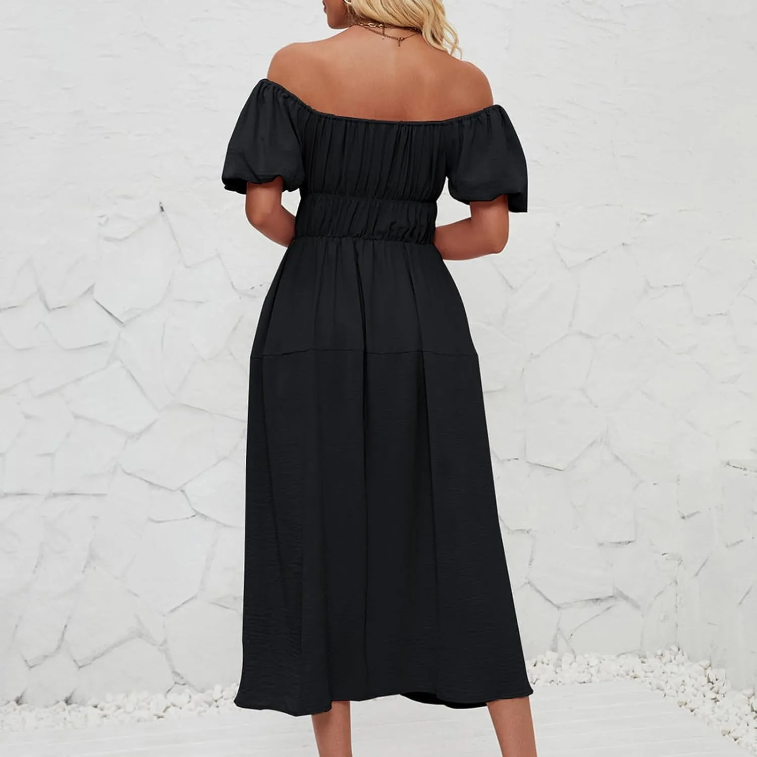 Off-Shoulder Dresses for Women Summer Puff Sleeve Empire Waist Casual A-Line Beach Sundress Flowy Hem Midi Dress