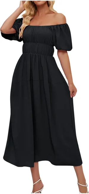 Off-Shoulder Dresses for Women Summer Puff Sleeve Empire Waist Casual A-Line Beach Sundress Flowy Hem Midi Dress