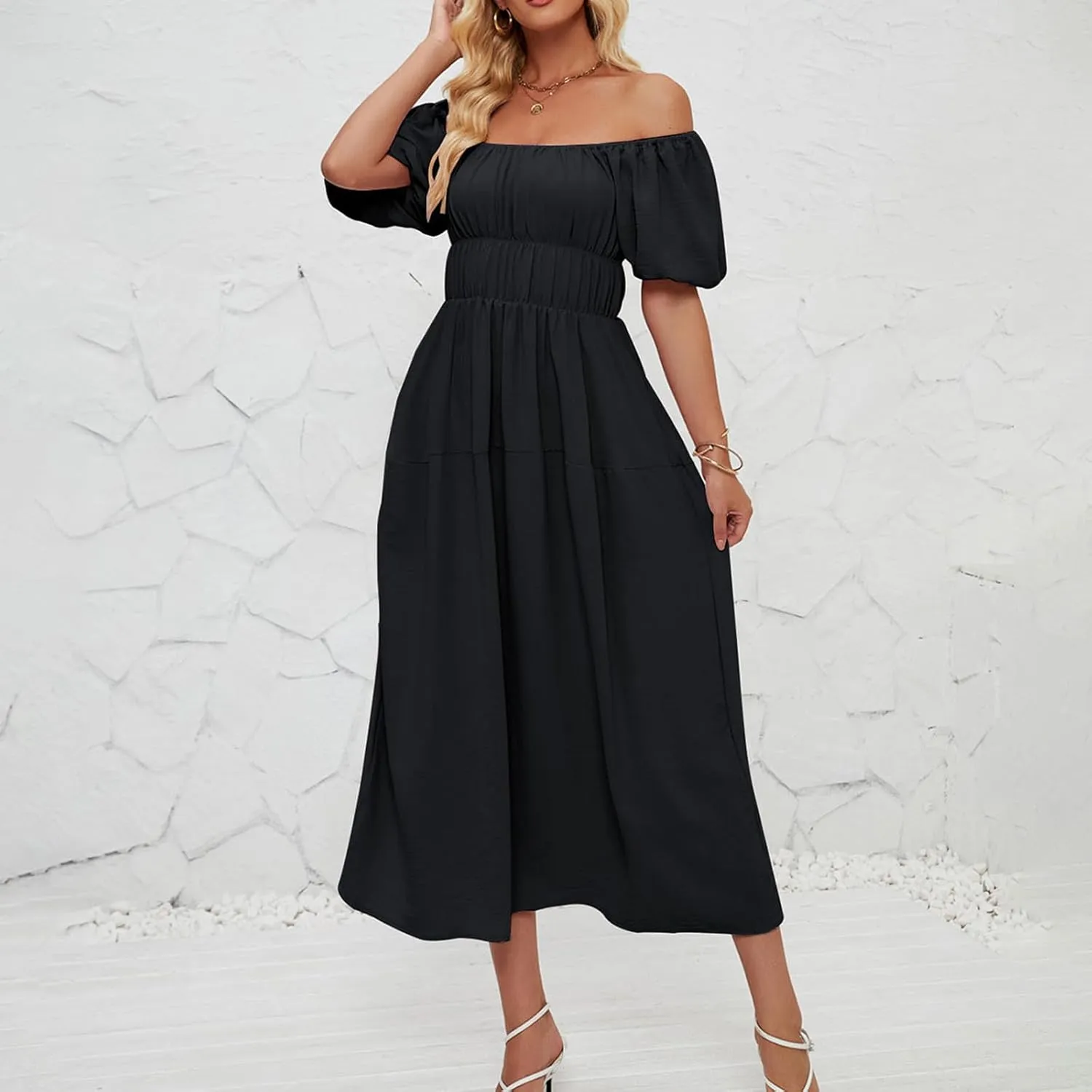 Off-Shoulder Dresses for Women Summer Puff Sleeve Empire Waist Casual A-Line Beach Sundress Flowy Hem Midi Dress