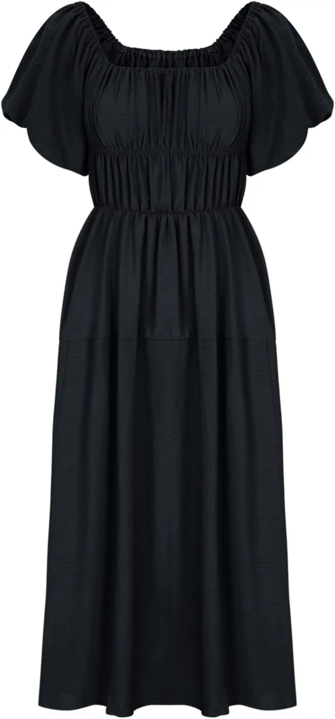 Off-Shoulder Dresses for Women Summer Puff Sleeve Empire Waist Casual A-Line Beach Sundress Flowy Hem Midi Dress