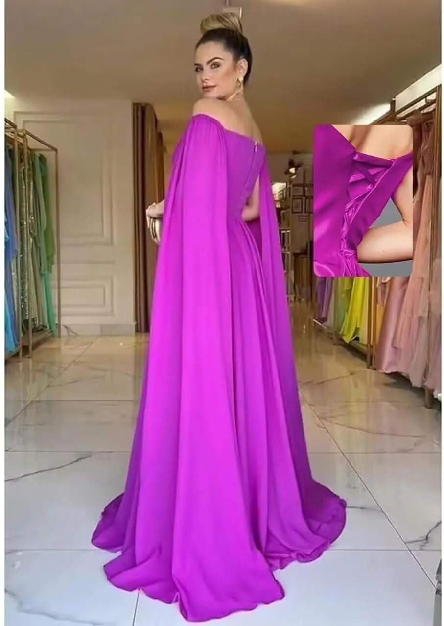 Off Shoulder Prom Dresses with Cape Sleeve for Women Elegant Formal Evening Gowns A-Line Wedding Guest Dress