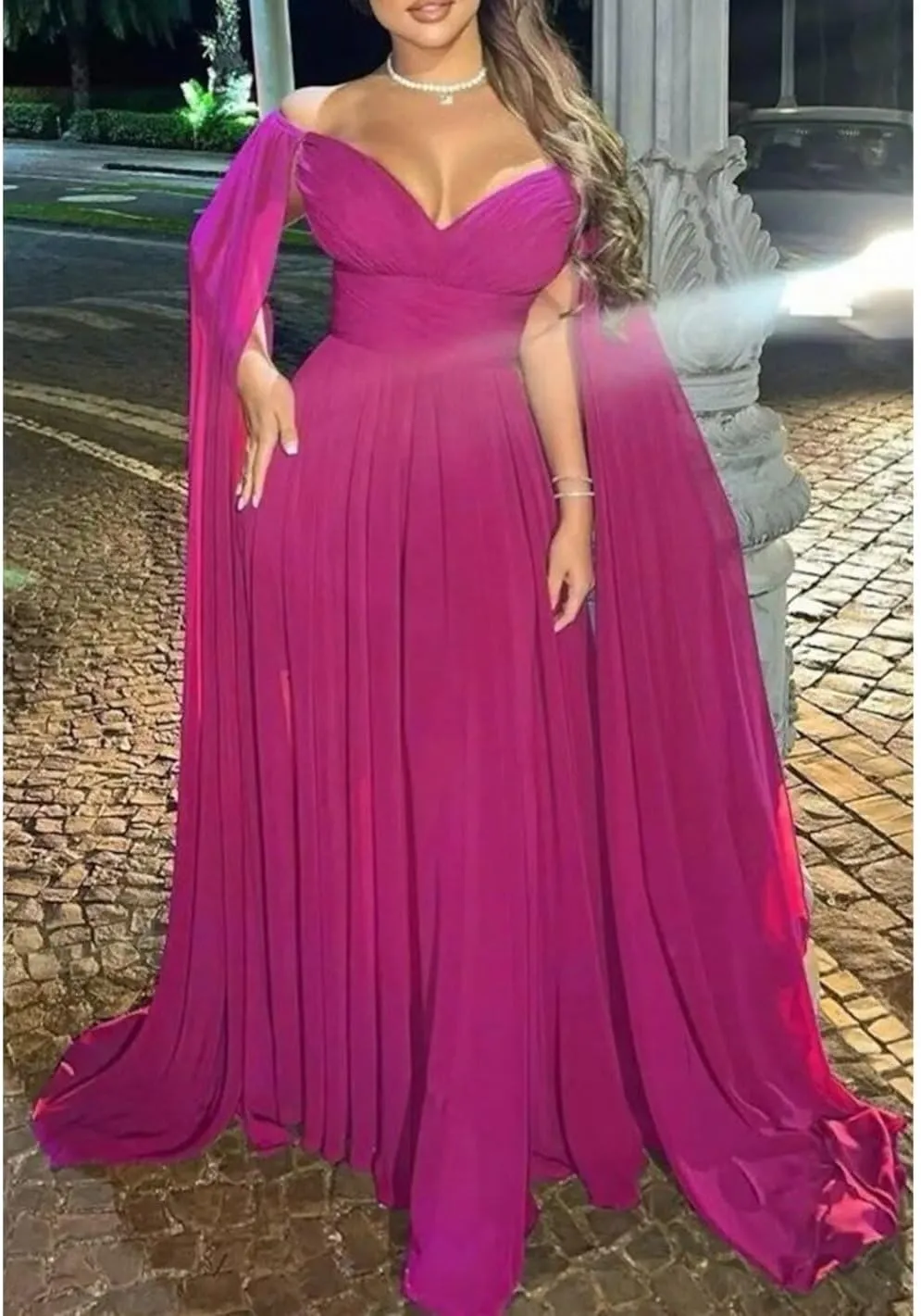 Off Shoulder Prom Dresses with Cape Sleeve for Women Elegant Formal Evening Gowns A-Line Wedding Guest Dress