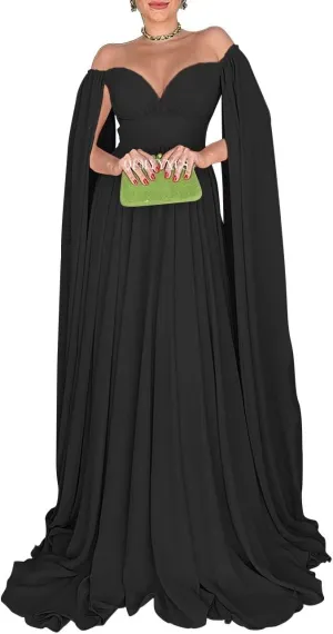 Off Shoulder Prom Dresses with Cape Sleeve for Women Elegant Formal Evening Gowns A-Line Wedding Guest Dress