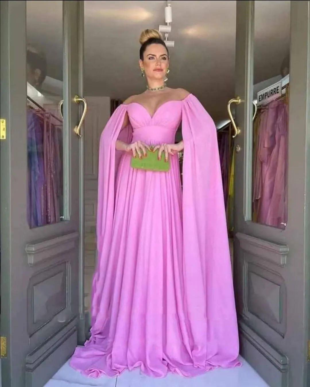 Off Shoulder Prom Dresses with Cape Sleeve for Women Elegant Formal Evening Gowns A-Line Wedding Guest Dress