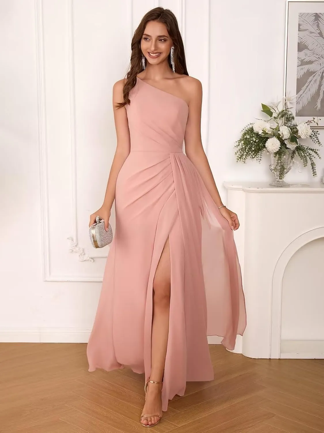 One Shoulder Bridesmaid Dresses for Wedding Long A Line Pleated Chiffon Formal Evening Party Dresses