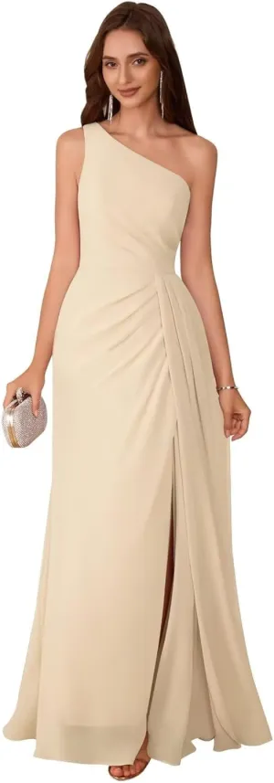 One Shoulder Bridesmaid Dresses for Wedding Long A Line Pleated Chiffon Formal Evening Party Dresses