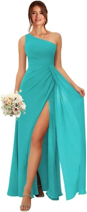 One Shoulder Bridesmaid Dresses for Women Chiffon A Line Ruched Long Evening Formal Dress with Slit LA013