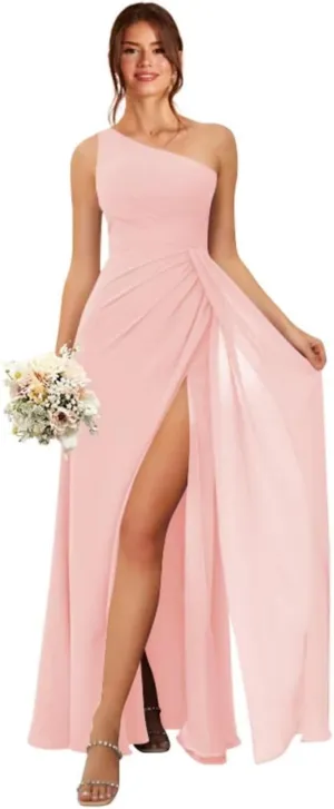 One Shoulder Bridesmaid Dresses for Women Chiffon A Line Ruched Long Evening Formal Dress with Slit LA013