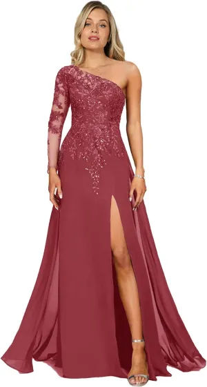 One Shoulder Mother of The Bride Dresses Lace Appliques Formal Dresses Long Chiffon Evening Gown High Slit