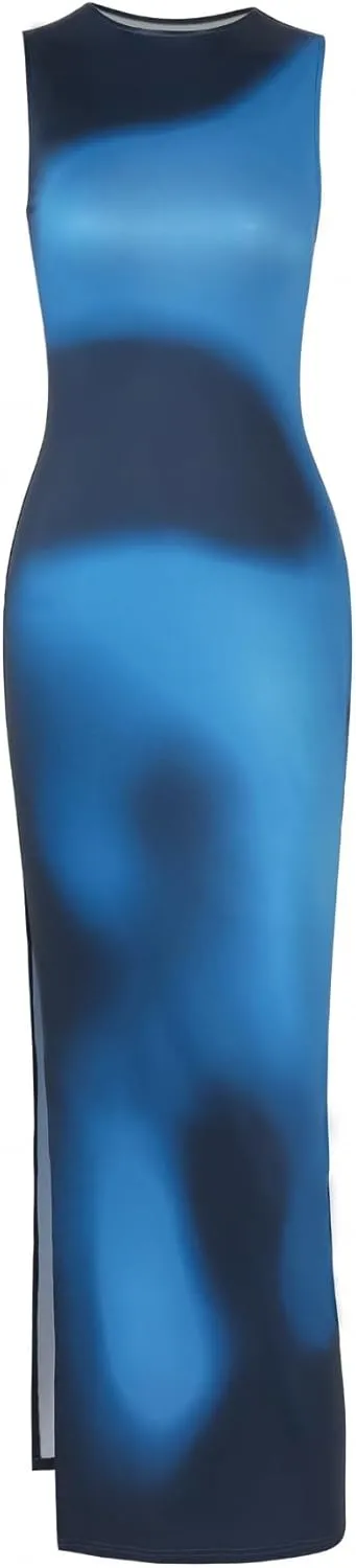 Parthea Womens 2024 Summer Sexy Bodycon Sleeveless Tank Tie Dye Dress Crewneck Elegant Midi Club Beach Sundresses