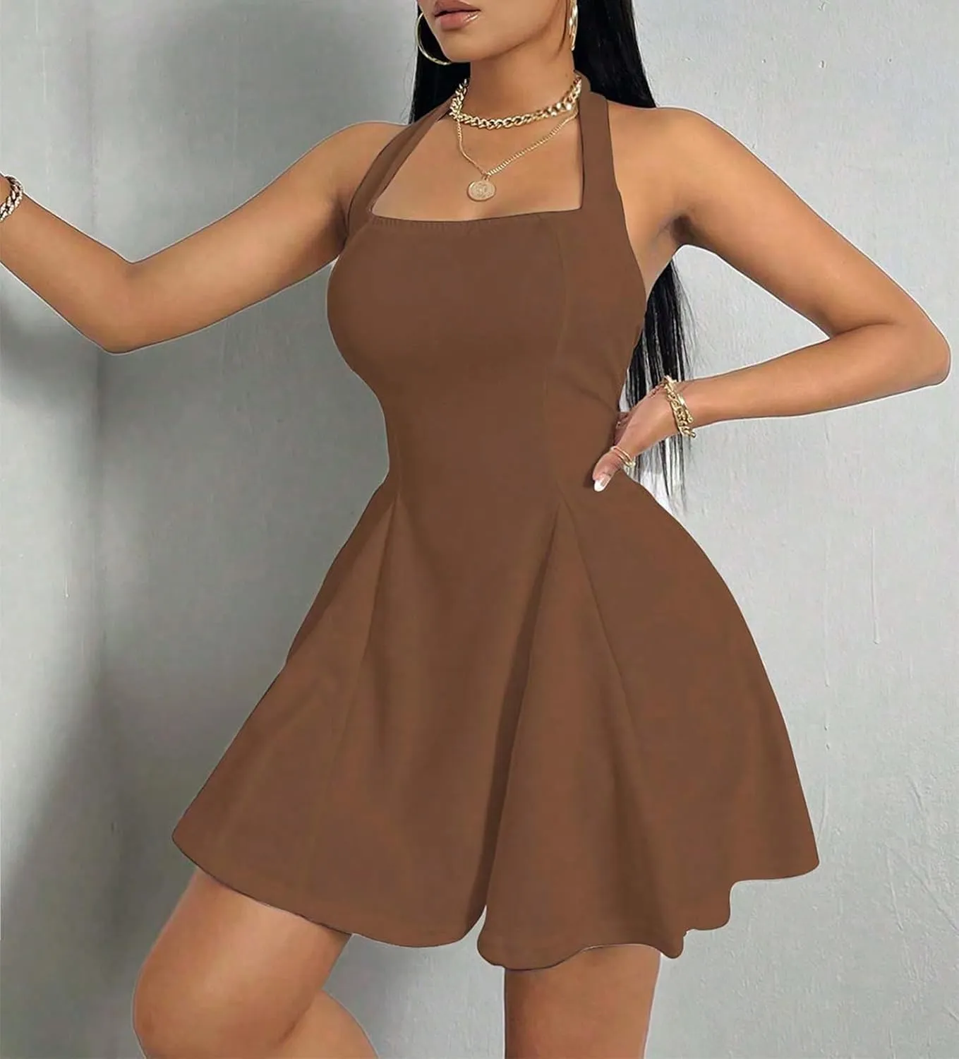 PerZeal Women's 2025 Summer Dress Sleeveless Halter Neck Sundress Backless Flared Short Mini Beach Dress