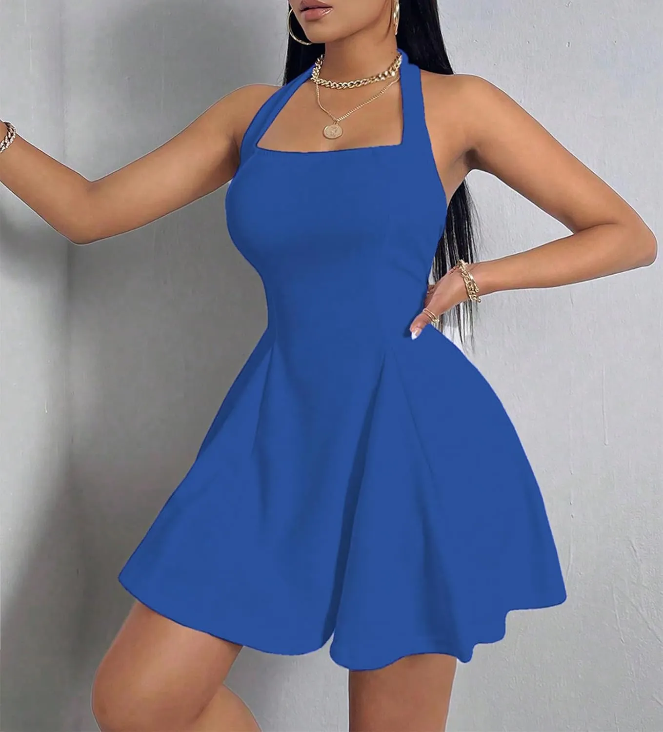 PerZeal Women's 2025 Summer Dress Sleeveless Halter Neck Sundress Backless Flared Short Mini Beach Dress
