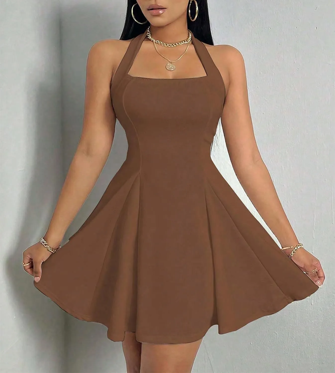 PerZeal Women's 2025 Summer Dress Sleeveless Halter Neck Sundress Backless Flared Short Mini Beach Dress