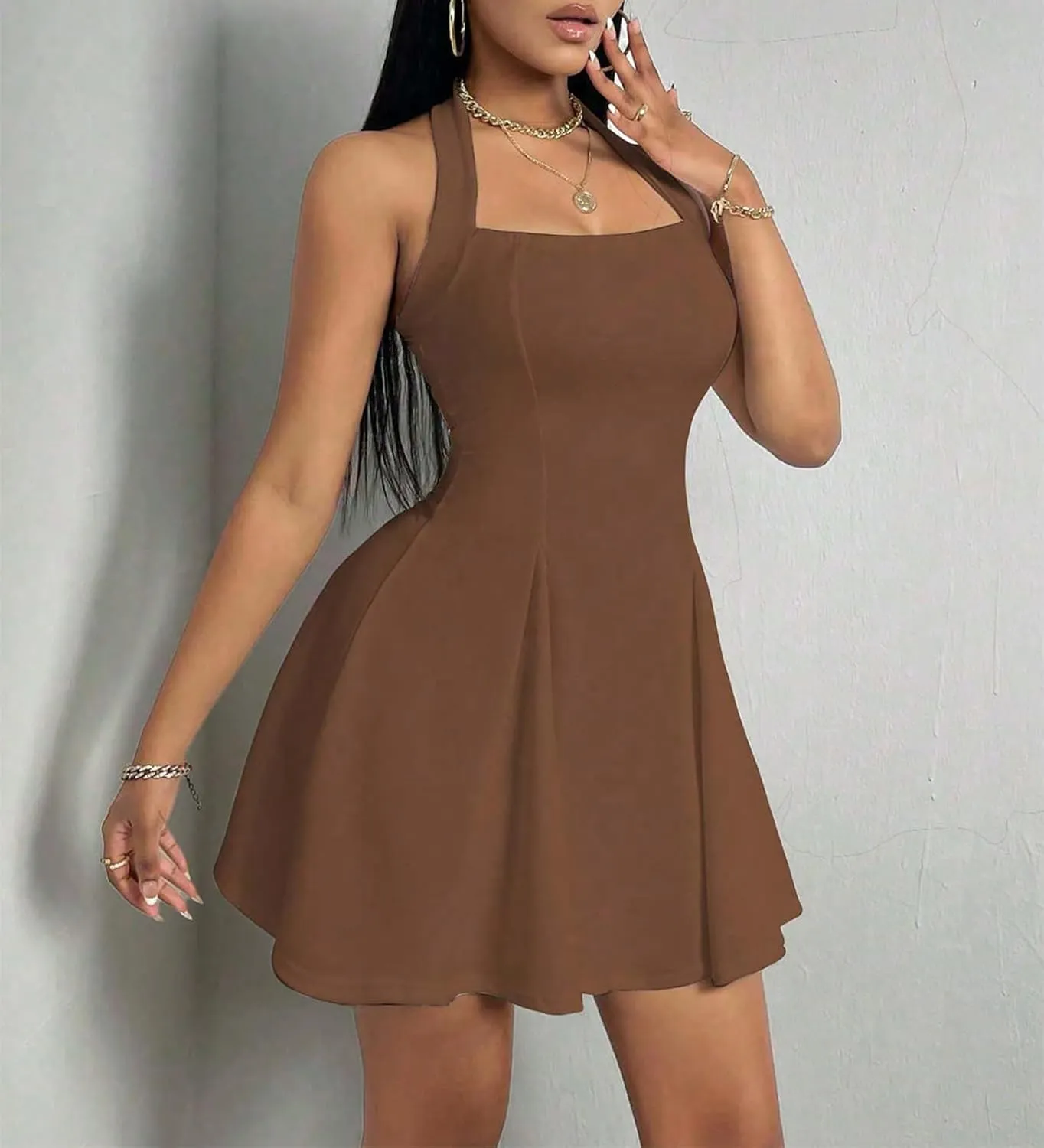 PerZeal Women's 2025 Summer Dress Sleeveless Halter Neck Sundress Backless Flared Short Mini Beach Dress