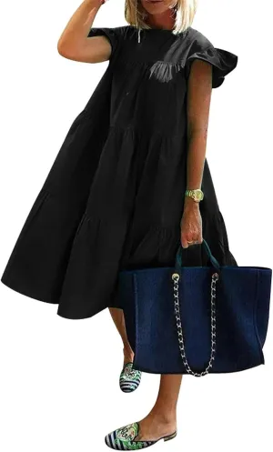 PETYCZEN Casual Summer Dresses for Women Cap Sleeve Mini Tiered Dress Cute A Line Swing Pleated Party Vacation Beach Dresses
